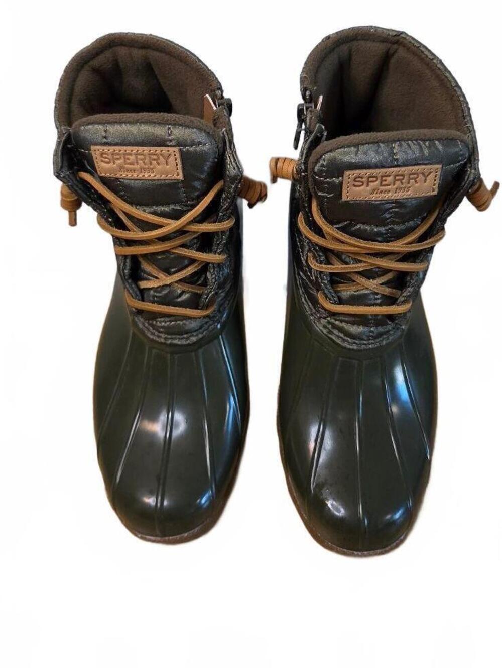 Sperry Top-Sider Saltwater Shiny Womens 8.5 Duck Boots Quilted Olive